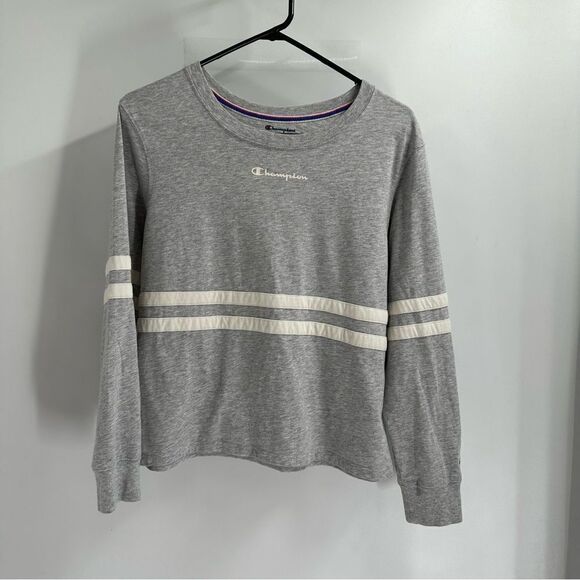 Champion Women's Size L Gray L/S Pullover Cotton Spell -Out Crop Top - Picture 1 of 7